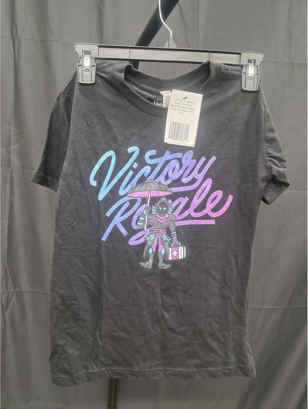 FORTNITE BOYS VICTORY ROYALE FLOAT ON PREMIUM BLACK CREW TEE SIZE YM